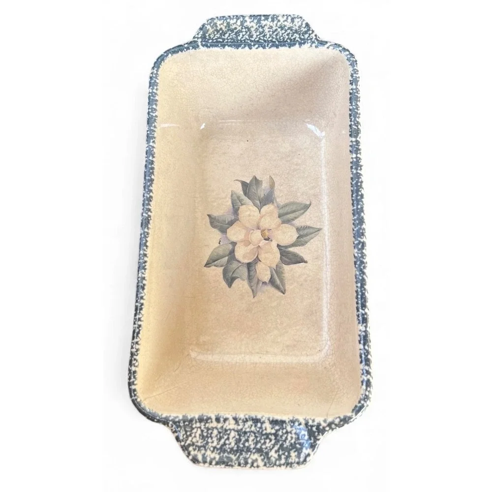 Vintage Ceramic Loaf Pan Baking Dish Magnolia Flower Blue Rim Country Kitchen